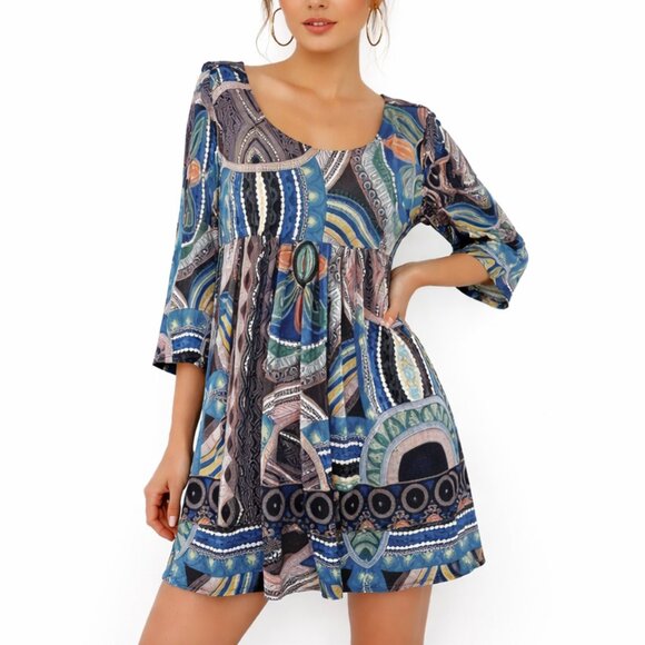 Sunny Leigh Dresses & Skirts - Sunny Leigh Dress Womens L Multicolor Geometric Floral Empire Waist Long Sleeve